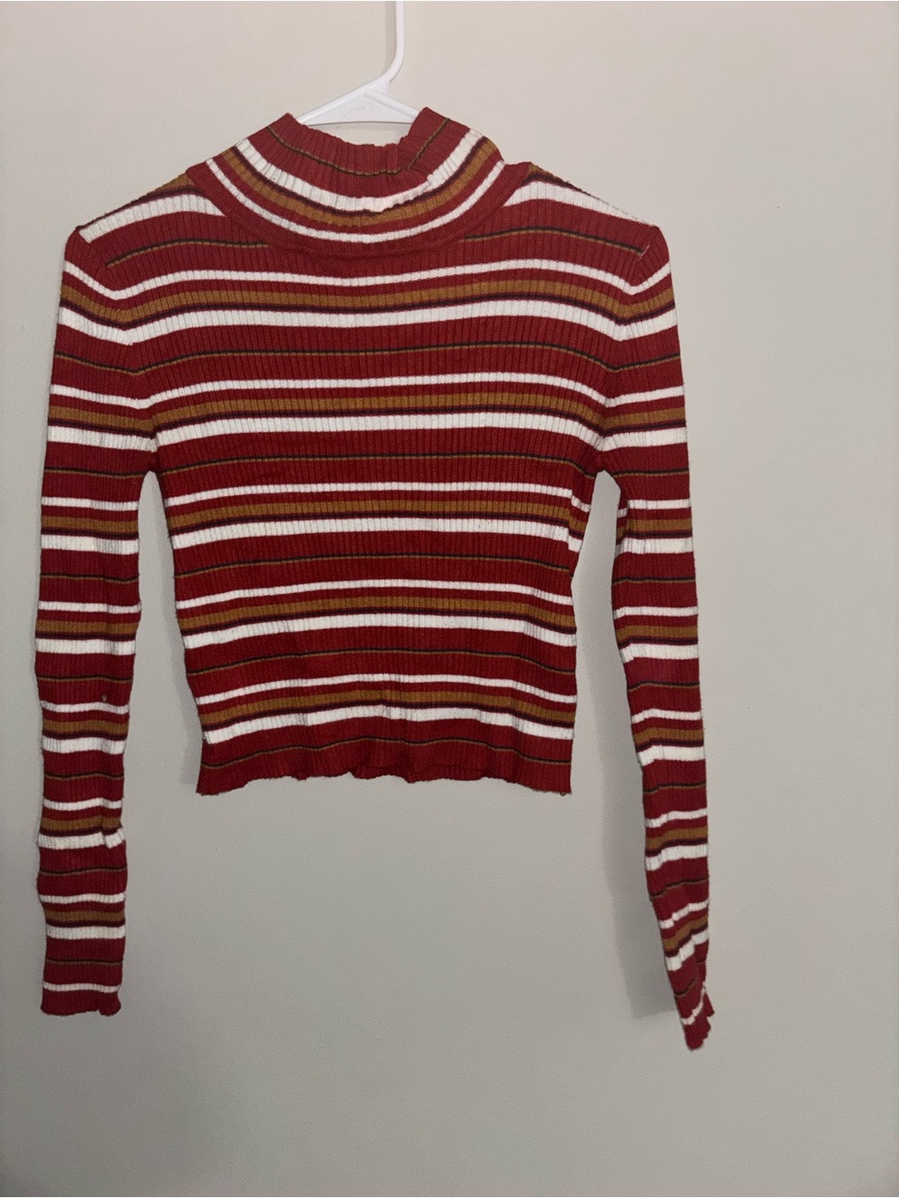 Ribbed Striped Mock Neck Sweater - Red